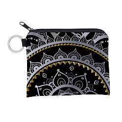 Black Mandala Flower Pattern Polyester Clutch Bags, Change Purse with Zipper & Key Ring, for Women, Rectangle, Black, 12x9.5cm