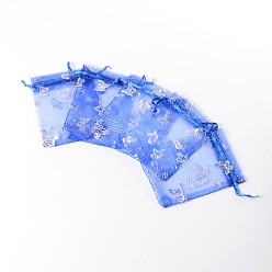 Bleu Dodger Sac en organza avec cordon de serrage, bijoux pochettes sacs, pour les sacs en filet de bonbons de noce, rectangle avec le motif de papillon, Dodger bleu, 9x7 cm