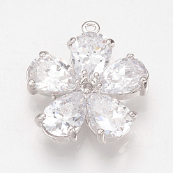 Real Platinum Plated Brass Cubic Zirconia Pendants, Nickel Free, Real Platinum Plated, Flower, 20x18x5mm, Hole: 1mm