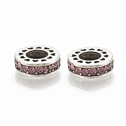 Rose Clair Perles européennes en alliage, Perles avec un grand trou   , avec strass, plat rond, argent antique, rose clair, 11x3.5mm, Trou: 5mm