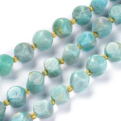 Amazonite Natural Amazonite Beads Strands, with Seed Beads, Six Sided Celestial Dice, 10~10.5x10~10.5mm, Hole: 1mm, about 32~35pcs/strand, 15.55~15.74inch(39.5~40cm)