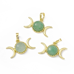Green Aventurine Natural Green Aventurine Pendants, Triple Moon Charms, with Golden Tone Rack Plating Brass Findings, Cadmium Free & Lead Free, 15x26x7mm, Hole: 6.5x4mm
