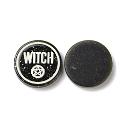 Noir Cabochons en résine d'Halloween, avec de la poudre de paillettes, plat rond avec mot sorcière, noir, 29.5x5mm