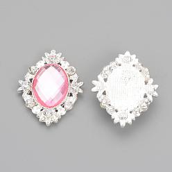 Rose Nacré Strass plat en alliage, avec strass acrylique, ovale, couleur argent plaqué, perle rose, 32x25x4.5mm