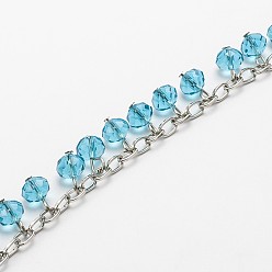 Sky Blue Handmade Faceted Rondelle Glass Beads Chains for Necklaces Bracelets Making, with Iron Cable Chains and Eye Pin, Unwelded, Sky Blue, 39.3, about 94pcs/strand