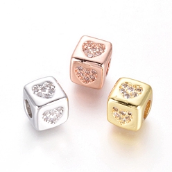 Mixed Color Brass Beads, with Micro Pave Cubic Zirconia, Cube with Heart, Clear, Mixed Color, 6x6x6mm, Hole: 3mm