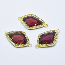 Dark Red Brass Micro Pave Cubic Zirconia Links, with Glass, Faceted, Rhombus, Golden, Dark Red, 33x20x5mm, Hole: 1.6mm