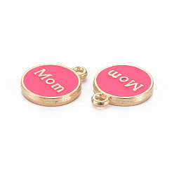 Deep Pink Alloy Enamel Charms, Cadmium Free & Lead Free, Light Gold, Flat Round with Mom, Deep Pink, 14.5x12x2mm, Hole: 1.4mm