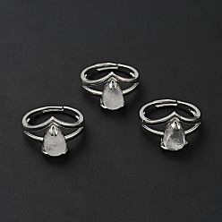 Cristal de cuarzo Anillos ajustables de lágrima de cristal de cuarzo natural, joyas de latón chapado en platino para mujer, sin plomo y el cadmio, tamaño de EE. UU. 7 3/4 (17.9 mm)