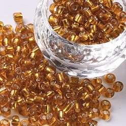 Amarilla Oscura 8/0 perlas de cristal de la semilla, plata forrada agujero redondo, rondo, vara de oro oscuro, 3 mm, agujero: 1 mm, sobre 10000 perlas / libra