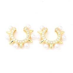 Real 18K Gold Plated Brass Sun Cuff Earrings with Cubic Zirconia, Plastic Pearl Beaded Non Piercing Earrings, Long-Lasting Plated, Lead Free & Cadmium Free, Real 18K Gold Plated, 19x22x5mm