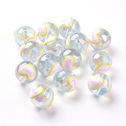 Bleu Clair Placage uv perles acryliques transparentes irisées arc-en-ciel avec émail, rond avec le mot bon, bleu clair, 17mm, Trou: 2.5mm