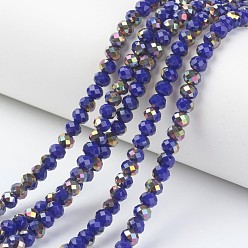 Blue Electroplate Opaque Glass Beads Strands, Half Rose Gold Plated, Faceted, Rondelle, Blue, 8x6mm, Hole: 1mm, about 65~68pcs/strand, 15.7~16.1 inch(40~41cm)
