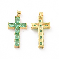 Spring Green Brass Micro Pave Clear Cubic Zirconia Pendants, Cross, Religion, Spring Green, 32.5x18x5.5mm, Hole: 3.5x5mm