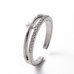 Platinum Clear Cubic Zirconia Cross Open Cuff Ring, Brass Jewelry for Women, Platinum, Inner Diameter: 17.8mm