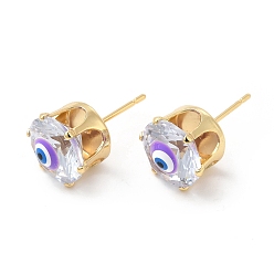Dark Orchid Flat Round Glass with Enamel Evil Eye Stud Earrings, Real 18K Gold Plated Brass Jewelry for Women, Dark Orchid, 11mm, Pin: 0.8mm