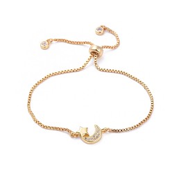 Golden Adjustable Brass Slider Bracelets, Bolo Bracelets, with Brass Micro Pave Cubic Zirconia Links, Moon and Star, Clear, Golden, 8-1/2 inch(21.5cm)