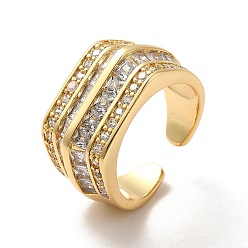 Chapado en Oro Real 18K Anillo de puño abierto de varias líneas de circonita cúbica transparente, anillo ancho de latón chapado en iones (ip) para mujer, real 18 k chapado en oro, tamaño de EE. UU. 6 3/4 (17.1 mm)