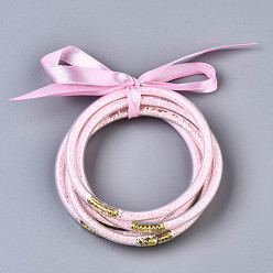 Pink PVC Plastic Buddhist Bangle Sets, Jelly Bangles, with Paillette/Sequins and Polyester Ribbon, Pink, 2-1/2 inch(6.5cm), 5pcs/set