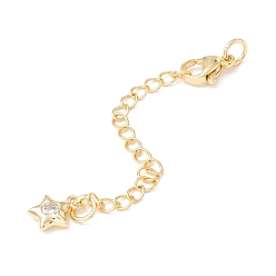 Golden Brass Micro Pave Cubic Zirconia Chain Extender, with Stainless Steel Lobster Claw Clasps and Star Charm, Long-Lasting Plated, Golden, 77x3mm, Hole: 3mm