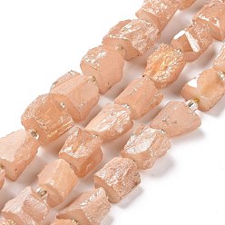 Saumon Clair Galvaniques perles de quartz naturel brins, hexagone prisme, forme irrégulière, saumon clair, 8~13x10~14x6~11mm, Trou: 1mm, Environ 15~16 pcs/chapelet, 7.8~8 pouce (20~20.5 cm)