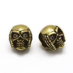 Antique Golden Brass Micro Pave Grade AAA Cubic Zirconia Beads, Cadmium Free & Nickel Free & Lead Free, Skull, Clear, Antique Golden, 11x10x9.5mm, Hole: 3x6mm