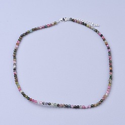 Tourmaline Colliers de perles de tourmaline naturelle, avec fermoirs mousquetons en laiton  , perles rondes à facettes, 16.5 pouces ~ 16.7 pouces (42~42.5 cm) x3~3.5 mm