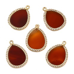 Red Agate Natural Red Agate Pendants, Teardrop Charms with Rack Plating Gloden Tone Brass Micro Pave Clear Cubic Zirconia Findings, 20.5x15x2mm, Hole: 1mm