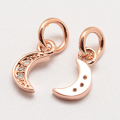 Real Rose Gold Plated Brass Micro Pave Grade AAA Cubic Zirconia Charms, Long-Lasting Plated, Moon, Cadmium Free & Nickel Free & Lead Free, Real Rose Gold Plated, 9x4x1mm, Hole: 3mm