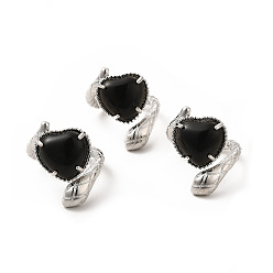 Obsidienne Coeur d'obsidienne naturelle avec anneau de manchette ouvert serpent, bijoux en laiton platine pour femme, taille us 8 1/2 (18.5 mm)