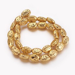 Golden Plated Electroplated Natural Lava Rock Beads Strands, Long-Lasting Plated, Oval, Golden Plated, 13.5~14x9.5~10.5x5.5~6mm, Hole: 1~1.5mm, about 29pcs/strand, 15.27 inch(38.8cm)