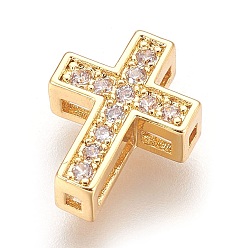 Real 18K Gold Plated Brass Micro Pave Cubic Zirconia Beads, Cross, Clear, Real 18K Gold Plated, 13x10x4mm, Hole: 1mm