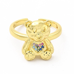 Colorful Cubic Zirconia Bear with Heart Open Cuff Ring, Golden Brass Jewelry for Women, Colorful, Inner Diameter: 17mm