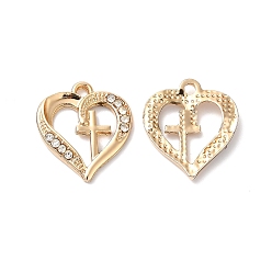 Oro Colgantes de diamantes de imitación de cristal de aleación de chapado en rack, corazón con encantos cruzados, dorado, 20x17.5x2.5 mm, agujero: 1.5 mm