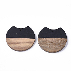 Black Resin & Walnut Wood Pendants, Gap Flat Round, Black, 23x24.5x3.5mm, Hole: 2mm