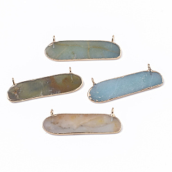 Flower Amazonite Edge Golden Plated Natural Flower Amazonite Pendants, with Iron Loops, Oval, 13.5~14.5x40x2.5~3.5mm, Hole: 1.5mm