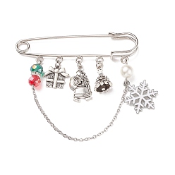 Antique Silver & Platinum Christmas Gift Box & Snowflake & Santa Claus Charms Alloy Safety Pin Brooch, Glass Pearl Beaded Lapel Pin for Women, Antique Silver & Platinum, 70mm