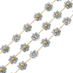 Slate Gray Flower Glass Beaded Chains, Unwelded, with 304 Stainless Steel Link Chains, Golden, Slate Gray, 2~9.5x1.5~10.5x0.3~3.5mm