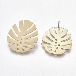Matte Gold Color Iron Stud Earrings, with Steel Pins, Tropical Theme, Monstera Leaf, Matte Gold Color, 28x25mm, Pin: 0.7mm
