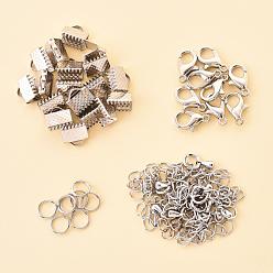 Platinum 50 Pieces DIY Ribbon Ends Making Kits, Including Iron Ribbon Crimp Ends & Unsoldered Jump Rings, Zinc Alloy Lobster Claw Clasps, Brass Chain Extenders, Platinum, 8x8mm