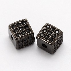 Gunmetal Cube Brass Micro Pave Cubic Zirconia Beads, Cadmium Free & Nickel Free & Lead Free, Gunmetal, 6x6x6mm, Hole: 1mm