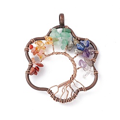 Mixed Stone 7 Chakra Flower Natural Mixed Stone Copper Wire Wrapped Chip Big Pendants, Tree of Life Charm, with Red Copper Tone Iron Findings, 59x45x8mm, Hole: 6.2mm