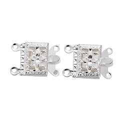 Silver 304 Stainless Steel Box Clasps, Multi-Strand Clasps, 2-Strands, 4-Holes, Rectangle with Flower, Silver Color Plated, 15x10x3mm, Hole: 1mm