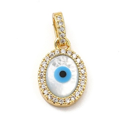 Oval Brass Micro Pave Cubic Zirconia Charms, with Cellulose Acetate(Resin) Evil Eye, Golden, Oval, 12x10.5x3.5mm, Hole: 5.5x3.5mm