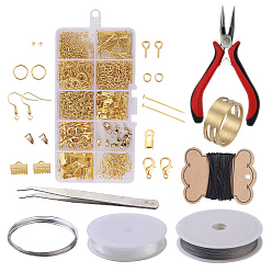 Golden DIY Jewelry Sets, Brass Crimp Beads and Iron Findings, with Tools, Golden, 13x6.8x2.1cm