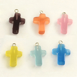 Mixed Color Platinum Plated Cat Eye Gemstone Cross Pendants, Mixed Color, 22x13x4mm, Hole: 2mm