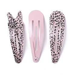 Pink Cute Spray Painted Iron Snap Hair Clips, Teardrop & Rabbit with Leopard Print Pattern, Pink, 48x13.5x1.5mm, 3pcs/set