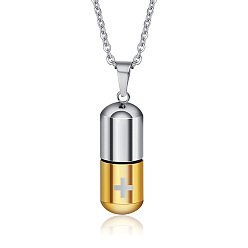 Golden & Stainless Steel Color Two Tone 316L Stainless Steel Pill with Cross Urn Ashes Pendant Necklace with Cable Chains, Memorial Jewelry for Men Women, Golden & Stainless Steel Color, 19.69 inch(50cm)
