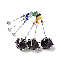 Amethyst Natural  Amethyst Cone Dowsing Pendulums, Cone Charm, with Platinum Tone Brass & Alloy Findings & Chakra Mixed Stone Beads, Cadmium Free & Lead Free, 240~245mm, Pendant: 39~41x41~42mm, Hole: 2x2.5mm