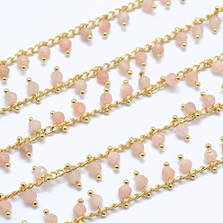 Sunstone Natural Sunstone Handmade Beaded Chains, Soldered, Lead Free & Cadmium Free, with Brass Findings, Real 18K Gold Plated, Long-Lasting Plated, Faceted Round, 6~7x2~3mm
